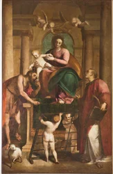 Janov, Duomo (katedrála svatého Vavřince), uvnitř, Baptisterium (dříve kostel svatého Jana Starého): "Madona s dítětem mezi svatým Janem Křtitelem a svatým Vavřincem", Luca Cambiaso, Olejomalba na panelu