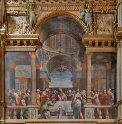 Janov, Duomo (katedrála svatého Vavřince), uvnitř, kaple Lercari nebo kaple Nejsvětější svátosti (severní apsida), severní strana: "Představení v chrámu", freska Luca Cambiaso