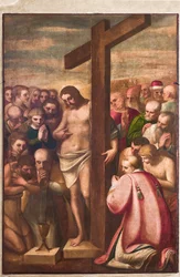 Janov, Duomo (katedrála svatého Vavřince), sakristie, kaple: „Eucharistický Kristus uctívaný svatými“, od Luca Cambiaso, asi 1580