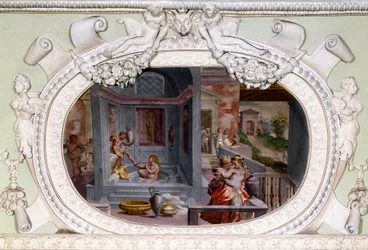 Scény koupele, svádění. Freska od Lucy Cambiaso (1527-1585)