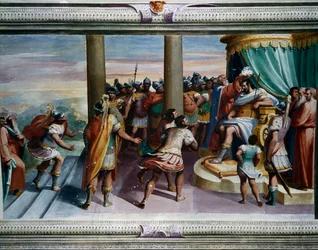 Znásilnění Sabine (16. století), Luca Cambiaso (1527-1585), freska, Villa Imperiale, Janov, Ligurie, Itálie Detail
