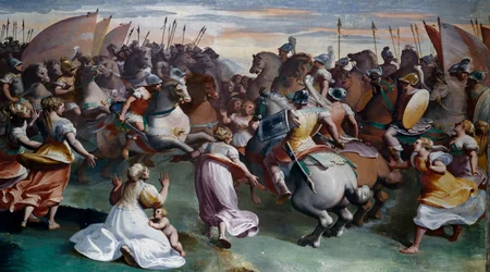 Znásilnění Sabine (16. století), Luca Cambiaso (1527-1585), freska, Villa Imperiale, Janov, Ligurie, Itálie
