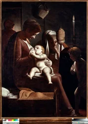 Panna a dítě se svatým Janem Křtitelem aneb „Panna svíce“ nebo „“Svatá rodina se svatou Annou a svatým Janem Křtitelem““ (Panna se svíčkou) Obraz Luca Cambiaso (1527-1585)