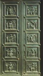 Itálie, Florencie, kostel Santa Maria del Fiore, dveře sakristie mší, od Luca della Robbia (kolem 1400-1482) (světové dědictví UNESCO