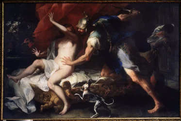 (Tarquinius a Lukrécie) Znásilnění Lukrécie (Lucrezia, Lukrécie, římská dáma), oběť násilí svého bratrance Sexta Tarquinia, syna Tarquinia Superba. Obraz Luca Giordana (1632-1705), 17. století, Státní umělecké muzeum, Tula, Rusko
