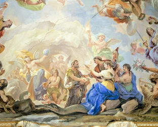 Zrození člověka, detail cyklu fresek v zrcadlovém sále od Lucy Giordana (1634-1705), freska, Palazzo Medici Riccardi, Florencie