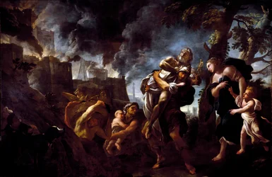 Aeneas prchá z Tróje. Aeneas nese Anchísa a prchá z města, které padlo do rukou Achájů. 1675-1680. Janov, Galleria Nazionale di Palazzo Spinola