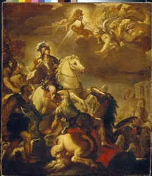 Zjevení kříže císaři Konstantinovi (Flauius Valerius Aurelius Constantinus, 272-306). (Zjevení kříže císaři Konstantinovi). Malba Lucy Giordana (1632-1705), olej na plátně, kolem roku 1680. Italské umění (Neapol)
