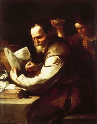 Xanthippe nalévá vodu na Sokratův krk, Luca Giordano (1634-1705), olej na plátně