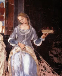 Benedikt řekl mnichům, kde a kdy jedli mimo klášter Detail Klášterní freska od Lucy Signorelliho (1445 cca-1523) vyprávějící o životě svatého Benedikta z Nursie (480-567), zakladatele řádu Benediktinů 1497-1498 Abbey of Monte Oli