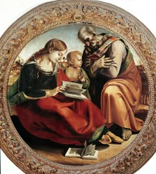 Svatá rodina. Obraz Lucy Signorelliho (1450-1523), kolem roku 1495. Tondo. Průměr: 124 cm. Florencie, Galleria degli Uffizi (Galerie Uffizi)