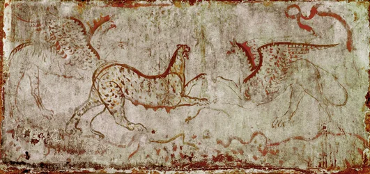 Boj mezi panterem a gryfem. Lukánská freska ze 4. století př. n. l. z Hrobky jezdce v nekropoli v Paestu v Itálii. Museo Nazionale Archeologico, Paestum