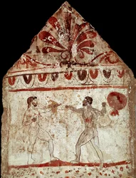 Dva atleti provozující pěstní zápas (box). Lukánská freska ze 4. století př. n. l., z nekropole v Paestu, Itálie. Museo Archeologico Nazionale, Paestum