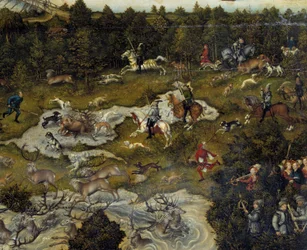 Lov na počest Karla V. na zámku Torgau v Německu Lov jelenů. Detail. Obraz Lucase Cranacha staršího