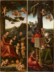 Německy: Heilige Familie von Engel umgeben amp; Erziehung der Jungfrau Maria (linker und rechter Flügel eines Marienaltares) Svatá rodina obklopená anděly amp; Výchova Panny Marie [levé a pravé křídlo oltáře Panny Marie]