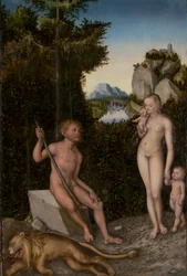 Faun a jeho rodina se zabitým lvem, kolem 1526 (olej na panelu)
