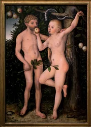 Adam a Eva. Obraz Lucase Cranacha staršího (1472-1553), kolem roku 1538. Vlámské umění, 16. století. Národní galerie, Šternberský palác, Praha (Česká republika).