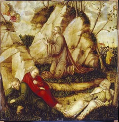 Agony in the Garden of Olives (The Agony in the Garden). Obraz Lucase Cranacha, staršího (1472-1553), olej na dřevě. německé umění