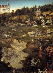Lov na počest Karla V. na zámku Torgau (Německo). Detail. Obraz Lucase Cranacha (1472-1553)