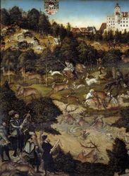 Lov na počest Karla V. na zámku Torgau (Německo). Detail. Císař je pravděpodobně představitel dole v ruce s kuší. Obraz Lucase Cranacha (1472-1553)