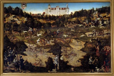 Lov na počest Karla V. na zámku Torgau (Německo). Obraz Lucase Cranacha staršího (1472-1553)