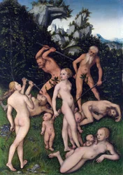 Konec stříbrného věku (The Close of The Silver Age). Námět inspirovaný starověkými řeckými básněmi Hésioda (7. století př. n. l.) v „Díla a dny“, muži začínají ztrácet svou nevinnost a část svého štěstí. Lucas Malování