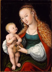 Panna a dítě s hroznem - Panna a dítě s hroznem, Cranach, Lucas, starší (1472-1553). Olej na dřevě, po 1537. Rozměry: 74,3 x 55,8 cm. Muzeum Szepmuveszeti, Budapešť