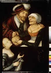 "Prokurátor" Bezzubý pasák vezme klientovi peněženku výměnou za rozhovor s prostitutkou. Obraz Lucase Cranacha staršího (1472-1553) kolem roku 1530 State Georgian Art Museum, Tiflis (Tbilisi) Georgia