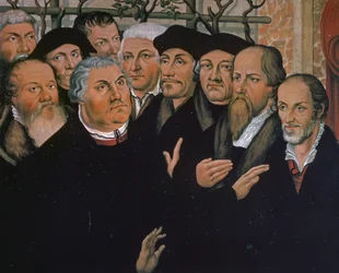 Martin Luther s představiteli protestantské reformace, vpravo Melanchthon, uprostřed Erasmus Rotterdamský, detail ze Vzkříšení Lazara, malba Lucase Cranacha staršího (1472-1553)