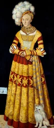 Portrét Catherine de Mecklenburg (Mecklebourg) (1487-1561) "" Obraz Lucase Cranacha starověkého (1472-1553) 1514 Rozm. 184 x 83 cm (po panelu) Drážďanské státní umělecké sbírky