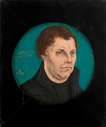""Portrét Martina Luthera (1483-1546)"" Malba Lucase Cranacha staršího (1472-1553) Olej na dřevě 1525 Průměr 12,5 cm Soukromá sbírka