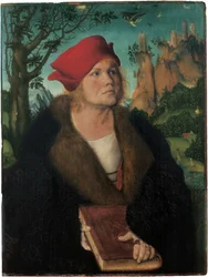 Portrét Dr. Johannese Cuspiniana, Cranach, Lucas, starší (1472-1553). Olej na dřevě, c. 1502-1503. Rozměr: 60,3 x 45,5 cm. Muzeum Oskara Reinharta, Winterthur