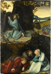 Agónie v zahradě, Cranach, Lucas, starší (1472-1553). Olej na dřevě, cca 1540. Rozměry: 86,5 x 58,5 cm. Museum Kunstpalast, Düsseldorf