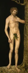 Pád člověka: Adam - Lucas Cranach starší (1472-1553). Olej na dřevě, kolem 1510-1520. Rozměry: 137x54 cm. Uměleckohistorické muzeum, Vídeň