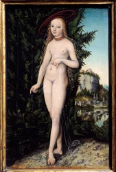 Venuše stojící v krajině. Obraz Lucase Cranacha staršího (1472-1553), 1529, olej na dřevě, rozměry 0,38 x 0,25 m