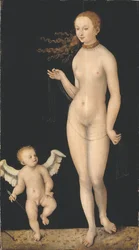 Venus et Cupidon - Venuše a Cupid, Cranach, Lucas, starší (1472-1553). Olej na dřevě. Rozměr: 90 x 49,5 cm. Národní muzeum Stockholm