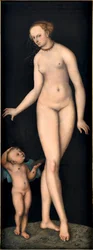 Venuše s Cupidem, zlodějem medu, Cranach, Lucas, starší (1472-1553). Olej na dřevě, po 1537. Rozměr: 175,4x66,3 cm. Germanisches Nationalmuseum, Norimberk