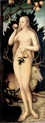 "Eva"" Obraz Lucase Cranacha II. mladšího (1515-1586) Po roce 1537 Rozměr 171 x 63 cm Německo Drážďany Státní umělecké sbírky