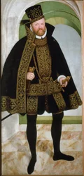Portrét kurfiřta prince Augusta I. Saského zvaného Pobožný (1526-1586)““ Obraz Lucase Cranacha Mladého (1515-1586) 1565 Ne. 215x104 cm Vídeňské Kunsthistorisches Museum
