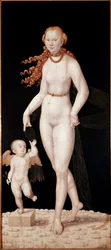 Venuše a Amor. Obraz Lucase Cranacha mladšího (1515-1586), kolem roku 1540. Rozměry: 196 x 89 cm. Mnichov, Alte Pinakothek