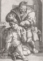 Barber chirurg ze 17. století pečující o pacientovo ucho.