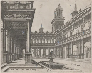 Palácové nádvoří s fontánou v obdélníkové pánvi