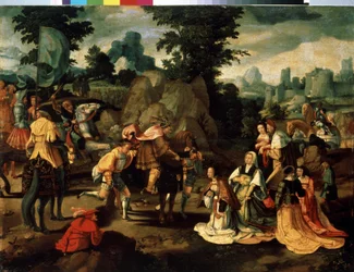 David a Abigail (Abigael, Abigail). Obraz Lucase van Leydena (1489/94-1533). Olej na dřevě. Renesanční dolnozemské umění. Muzeum západního a východního umění, Oděsa (Ukrajina)