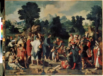 Uzdravení slepého muže z Jericha (střední panel). Uzdravení slepého muže z Jericha. Zázrak Ježíše Krista, který uzdravuje Bartimea z Jericha a vrací mu zrak. Obraz Lucas Van Leyden (1489/94-1533)