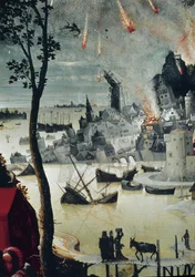 Lot a jeho dcery, detail zničení Sodomy (olej na panelu, cca 1517)