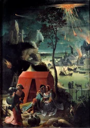 Lot a jeho dcery. Lot obklopuje své dvě dcery, útočiště na hoře, aby unikli zničení Sodomy. Nahé dívky opijí svého otce. Obraz Lucase van Leyden, zvaného Lucas de Leiden (Leide) (Lucas Hugensz nebo Lucas Jacobsz) (1494-1533) 16