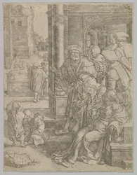 Básník Virgil zavěšený v koši, 1525.