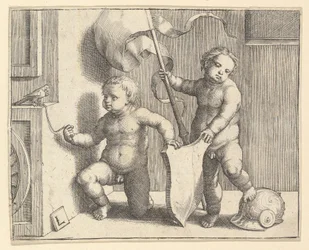 Dvě nahé děti podpírající prázdný štít, kolem roku 1510