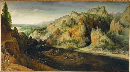 Horská krajina s loupežníky a vysokou pecí, kolem roku 1558 (malba na plátně)