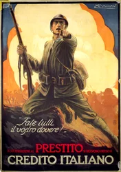 Italský propagandistický plakát z první světové války propagující válečné dluhopisy